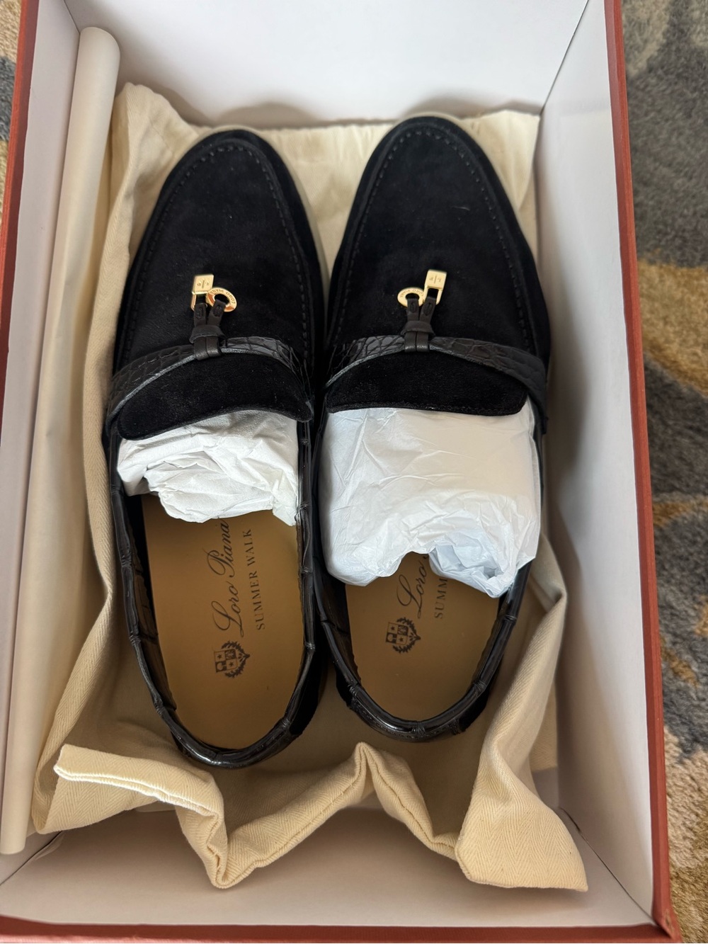 Loro Piana Black Suede Loafers with Gold Bit